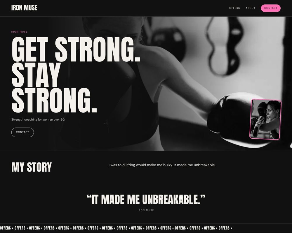 Concept site for a strength coach: black and white photo with huge condensed capitals