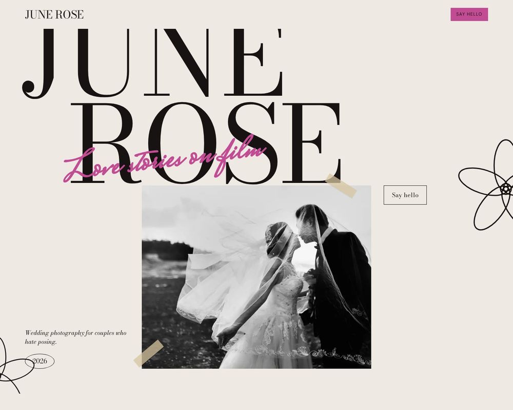 Concept site for a wedding photographer: giant serif capitals with a pink handwritten line and a taped photo