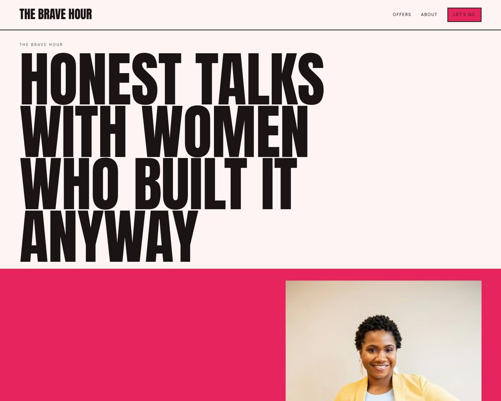 Concept site for a podcast: huge condensed capitals on blush with a hot-pink band